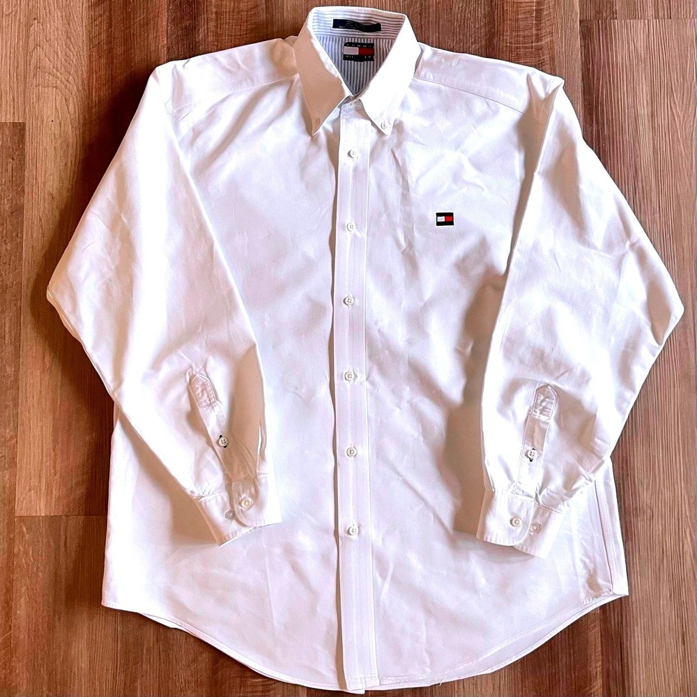 Vintage Tommy Hilfiger Mens Large White Button Down Long Sleeve Casual Cotton